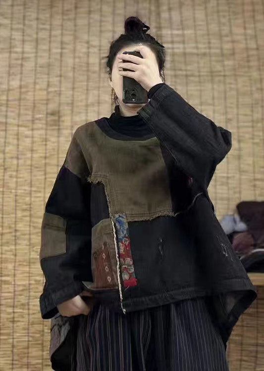 Loose Black Low High Design O-neck Patchwork Sweatshirts Spring