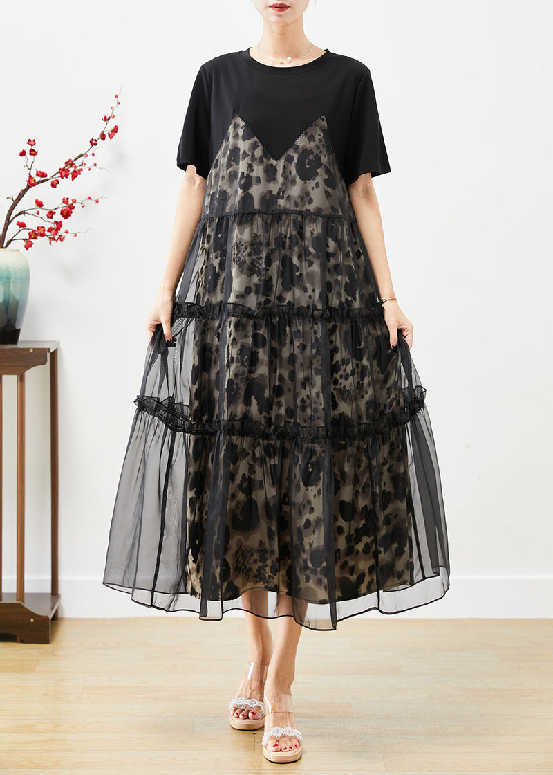 Black Ruffled Tulle Patchwork Exra Large Hem Cotton Dress Summer