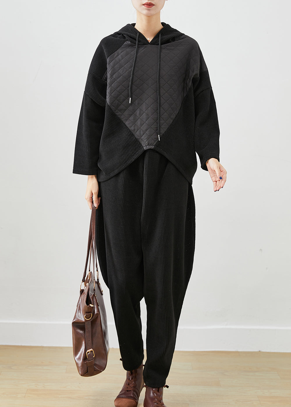 Black Hooded Patchwork Corduroy Two Pieces Set Fall
