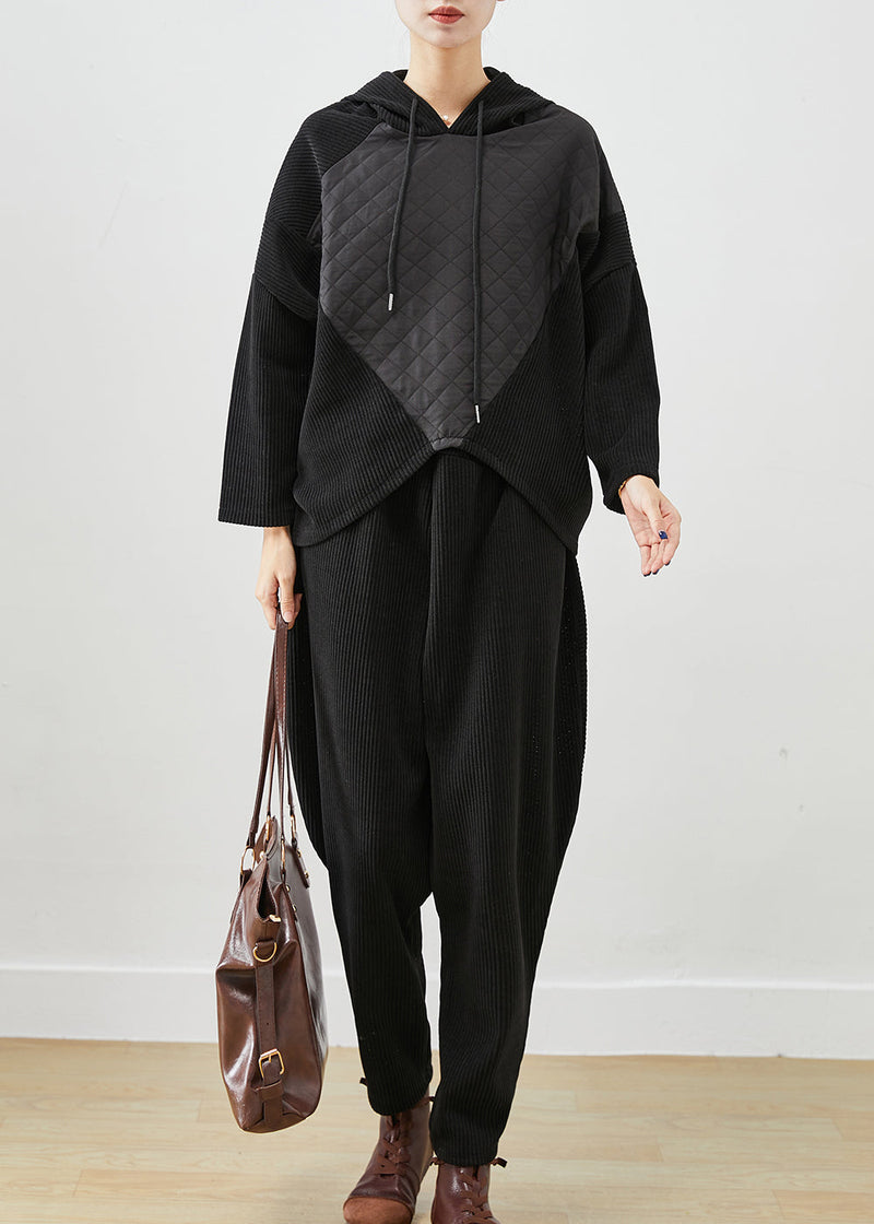 Black Hooded Patchwork Corduroy Two Pieces Set Fall