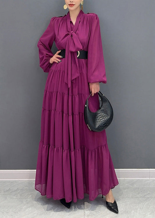 Purple V Neck Patchwork Party Chiffon Long Dress Fall