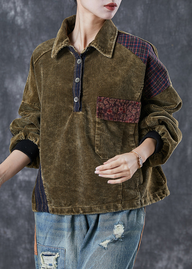 Green Oversized Patchwork Corduroy Sweatshirts Top Spring