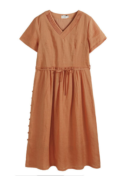 Orange V Neck Wrinkled Linen Cinch Dress Short Sleeve