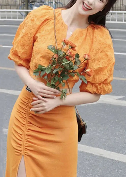 Art Orange V Neck Print Top and Skirts Two Pieces Set Lantern Sleeve