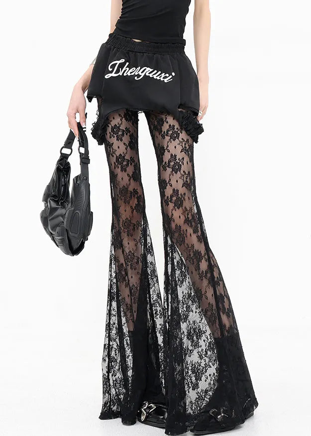 Black False Two Pieces Patchwork Lace Flared Trousers Summer