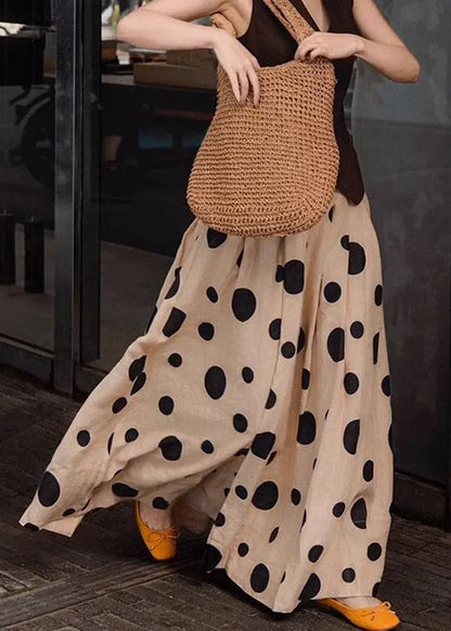 Khaki Dot Print Elastic Waist a Line Cotton Skirt Summer