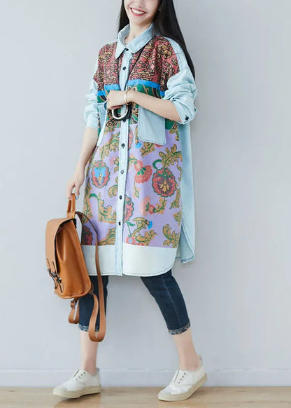 Art Light Blue Pockets Side Open Print Denim Shirt Dresses Spring