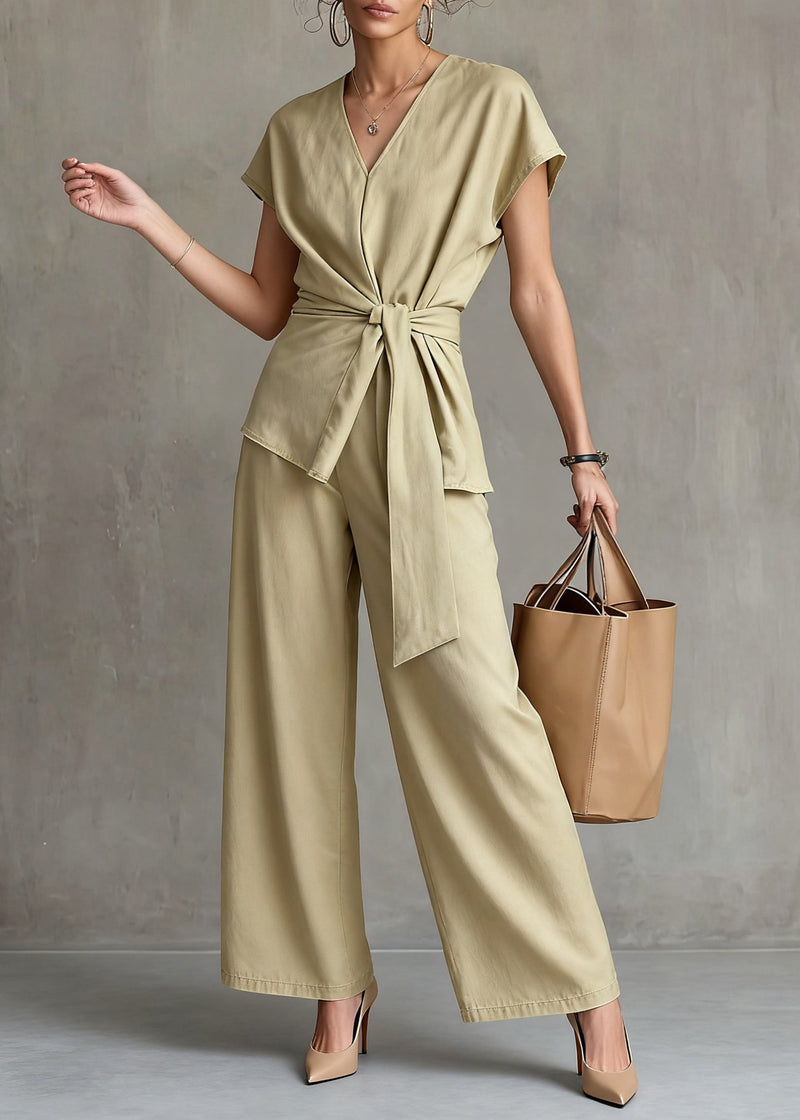 New Yellow V Neck Tie Waist Tops and Wide Leg Pants Linen Two Pieces Set Summer