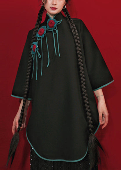 Handmade Black Stand Collar Asymmetrical Top Long Sleeve