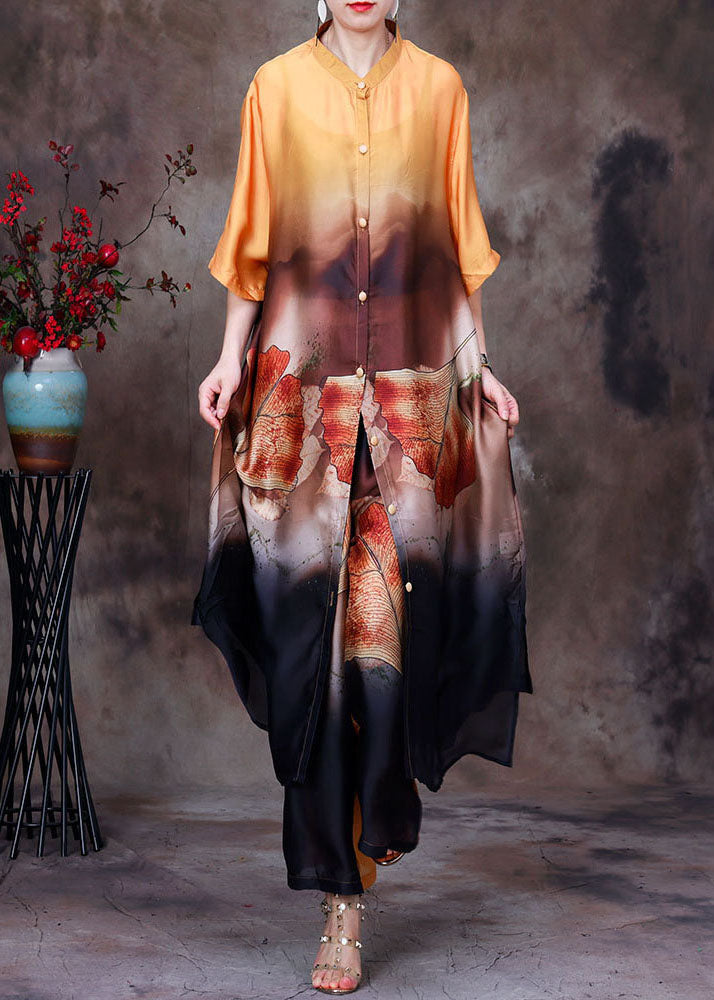 French Yellow Stand Collar Print Silk Long Shirt and Wide Leg Pant Two Pieces Set Summer