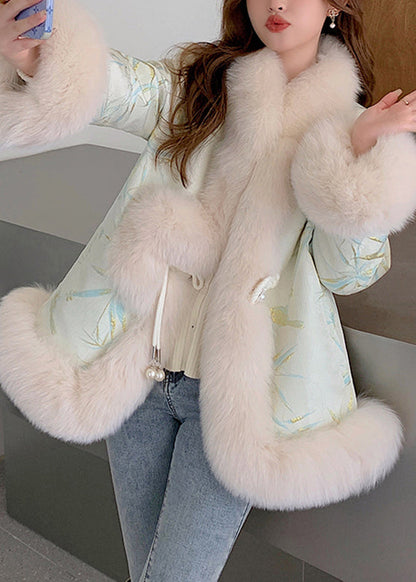 Beige Fox Collar Embroideried Leather and Fur Coats Winter