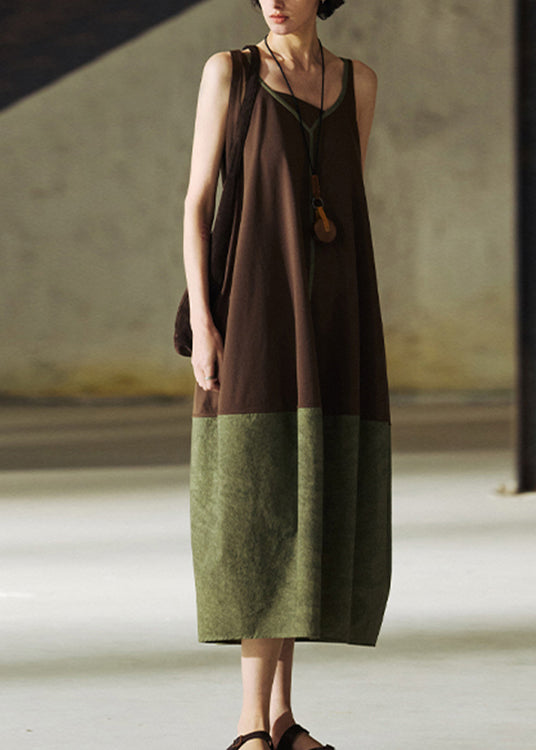 Diy Colorblock V Neck Patchwork Cotton Dresses Sleeveless