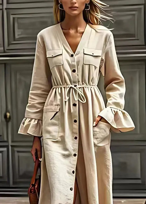Beige V Neck Drawstring Pockets Cotton Dresses Long Sleeve