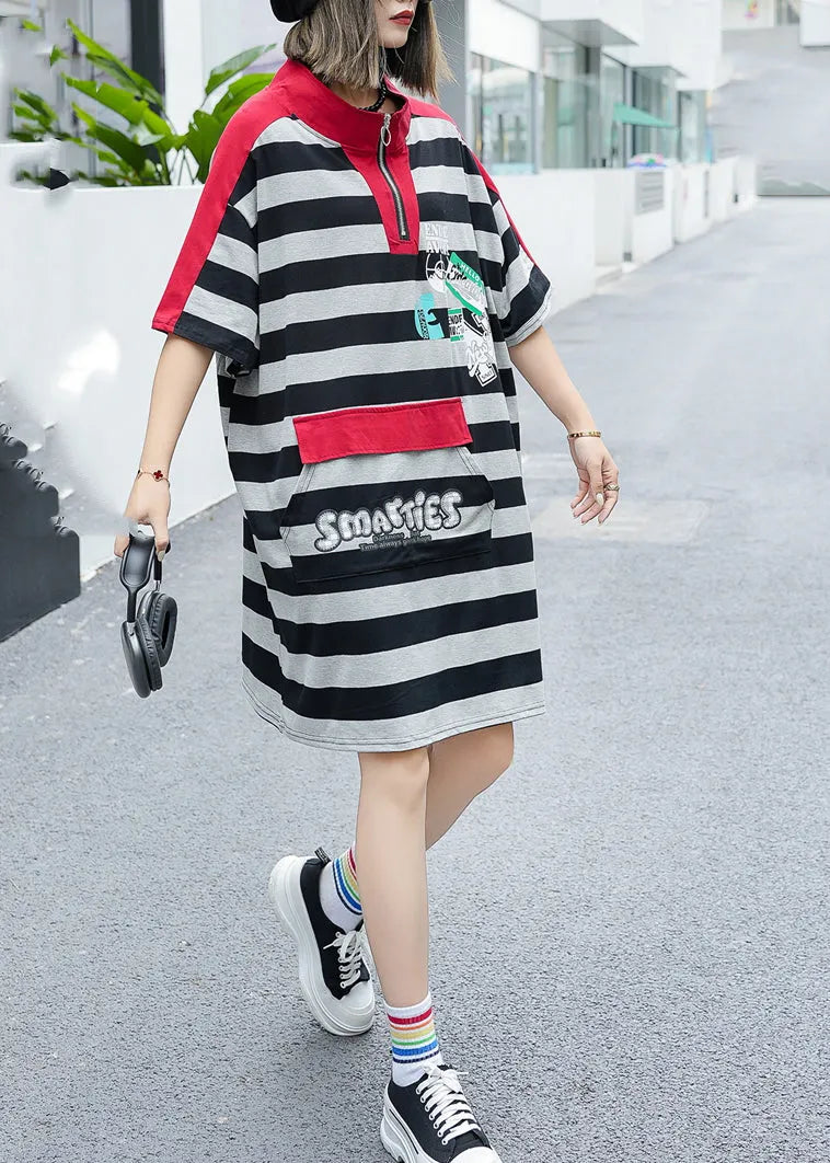 Green Stand Collar Striped Patchwork Cotton Mid Dress Summer