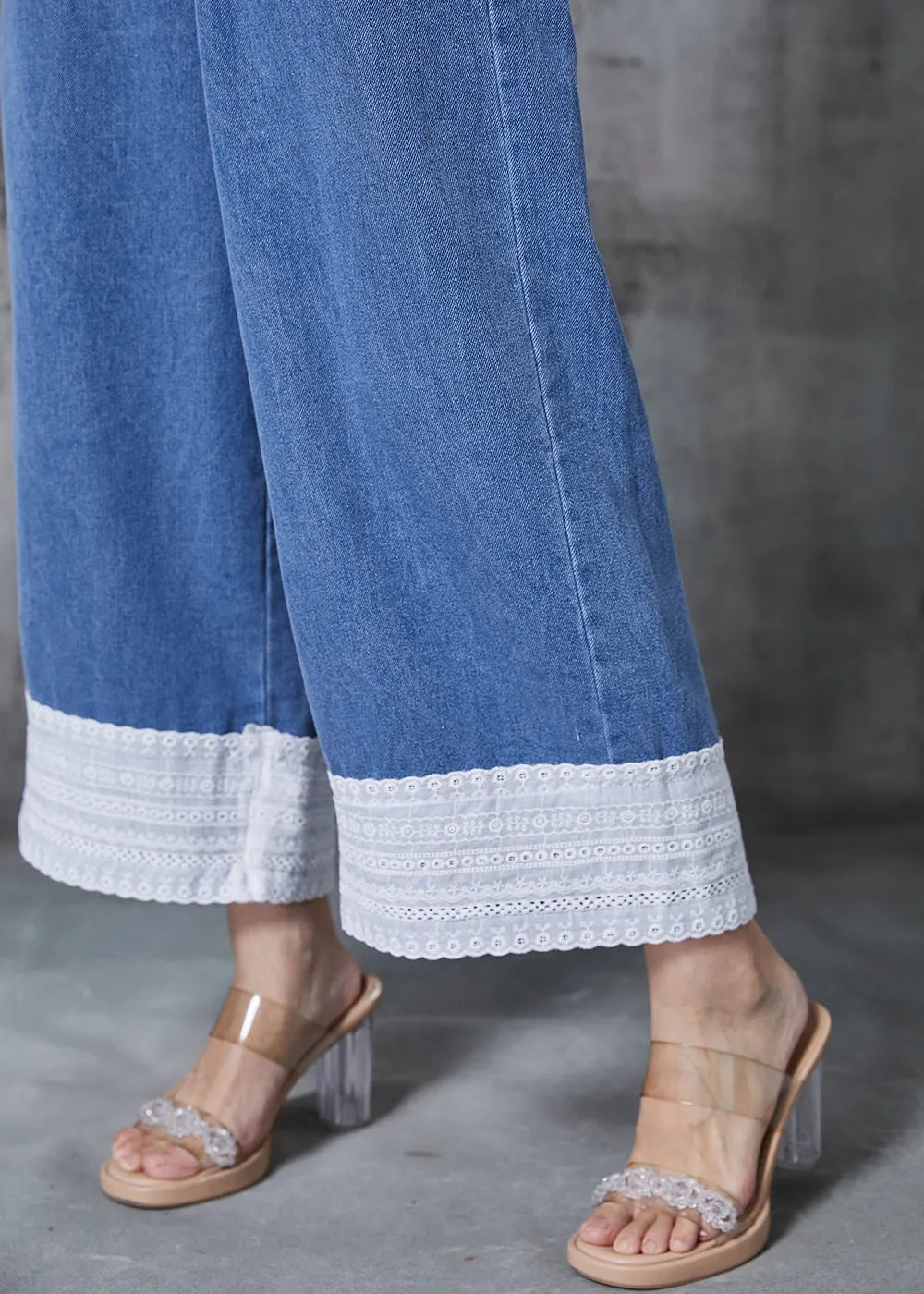 Fitted Blue Elastic Waist Patchwork Denim Wide Leg Pants Fall