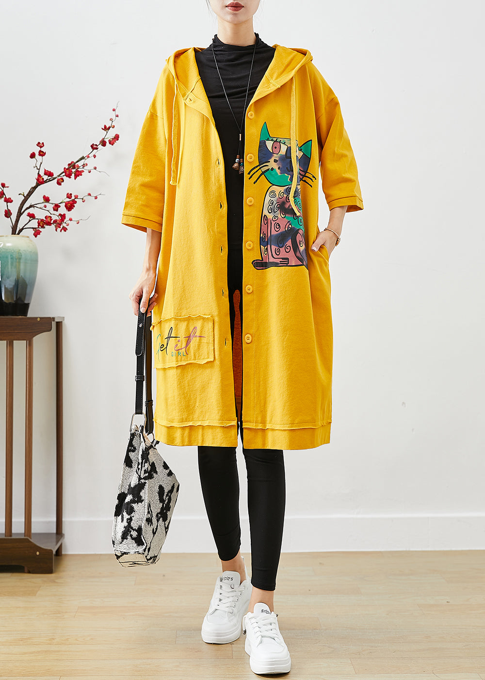 Yellow Hooded Cat Print Cotton Coat Outwear Fall