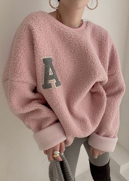 Loose Pink O Neck Letter Teddy Pullover Winter