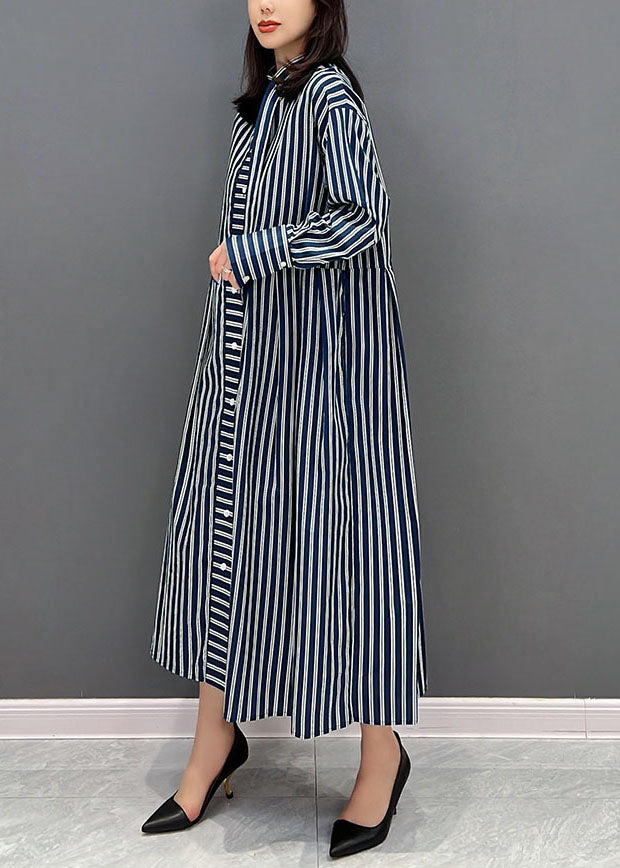 Navy Stand Collar Striped Cotton Shirt Dress Fall