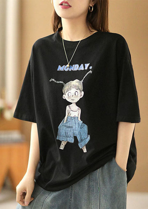 Black O-neck Print Oversized Cotton Tanks Short Sleeve