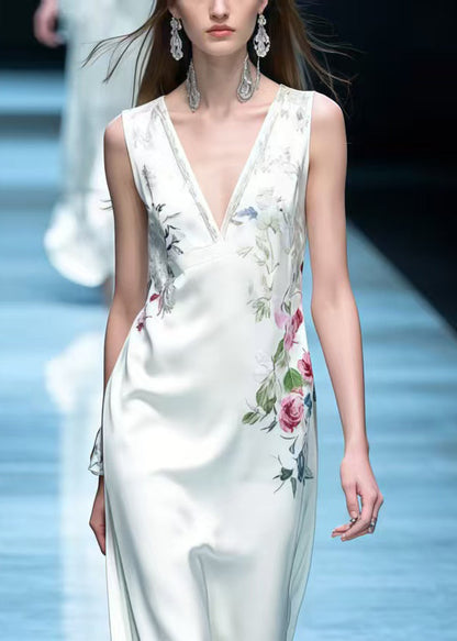 White V Neck Silk Straight Dress Sleeveless
