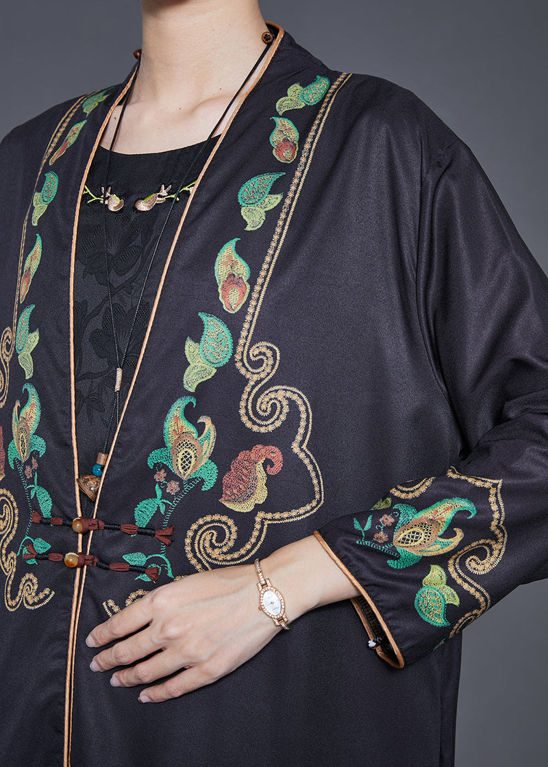 Black Embroidered Chinese Button Silk Two Pieces Set Fall