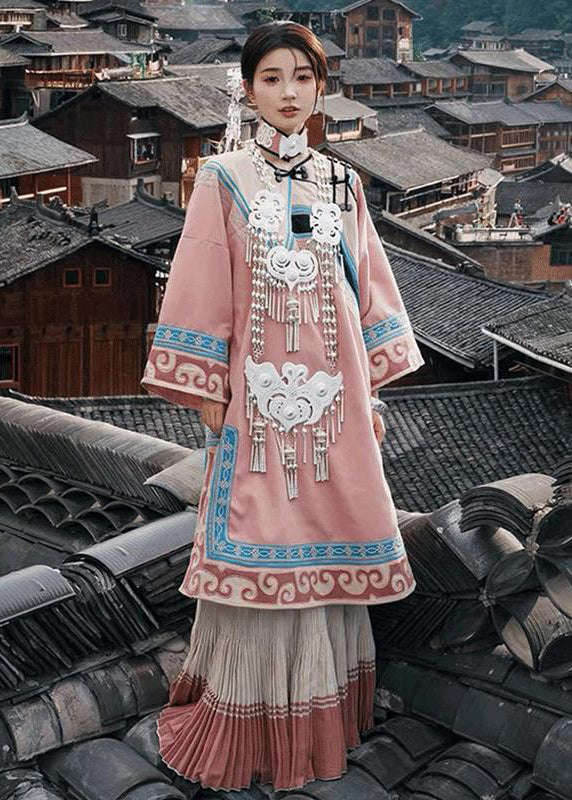 Chinese Style Pink Embroideried Wrinkled Cotton Two Pieces Set Fall