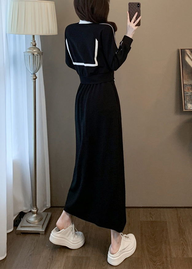 Black Peter Pan Collar High Waist Cotton Two Pieces Set Spring