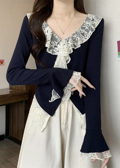 Navy V Neck Lace Patchwork Cotton T Shirts Flare Sleeve