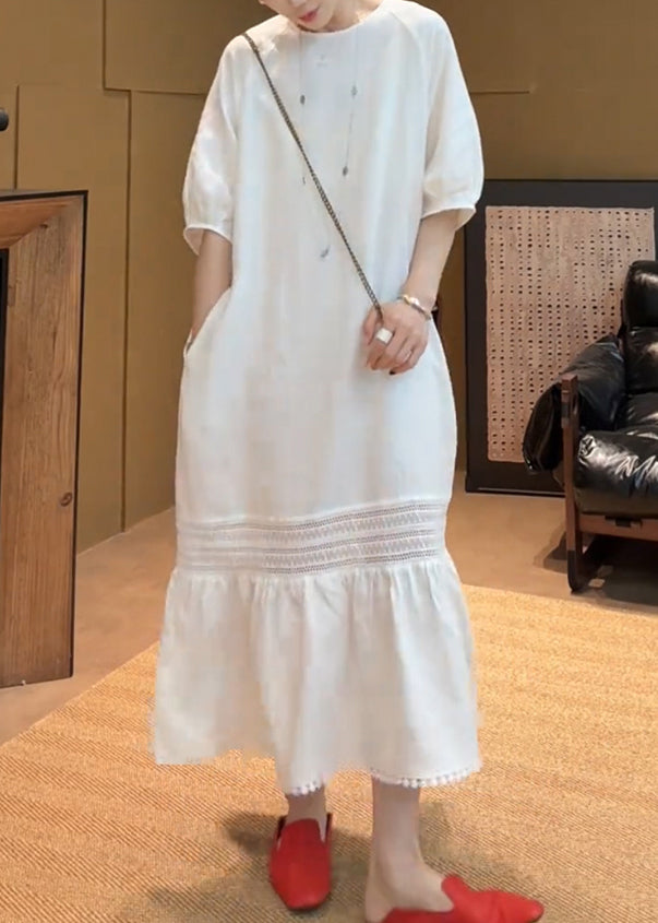 White O Neck Pockets Cotton Long Dress Summer