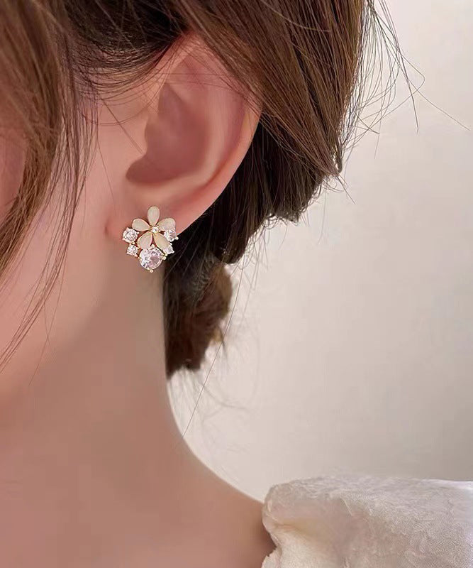 Regular Beige Sterling Silver Overgild Cat's Eye Stone Zircon Stud Earrings