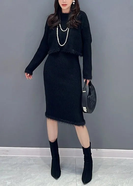 Slim Fit Black O Neck Patchwork Tops and Waistcoat Dress Knit Two Piece Set Fall
