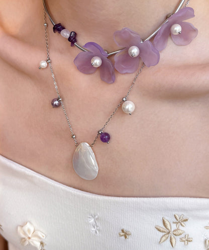 Purple Pearl Shell Alloy Two Piece Set Pendant Necklace