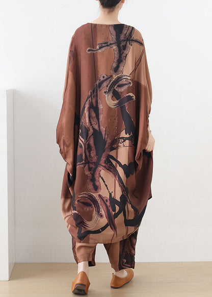 Chocolate O-neck Asymmetrical Print Silk Two Pieces Set Batwing Sleeve