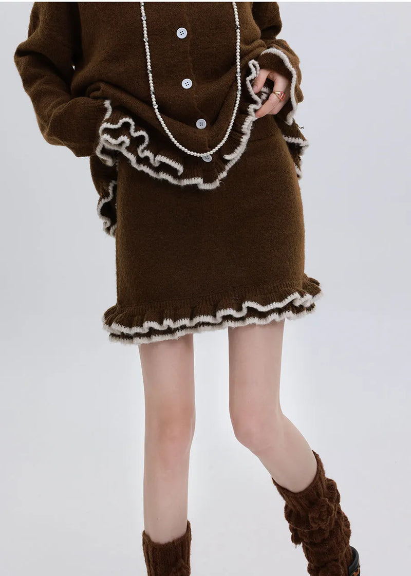 Chocolate Cozy Knit Cardigan and Skirt Two Pieces Set Ruffled Winter