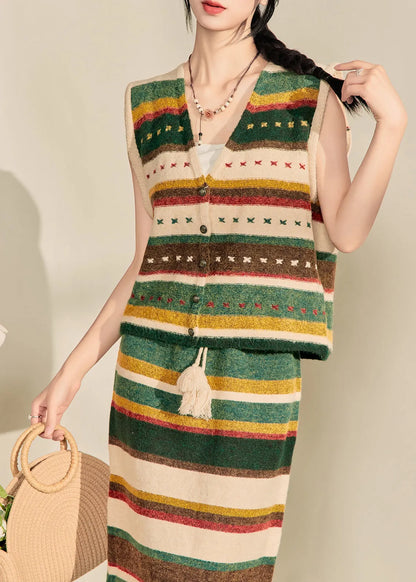 Colorblock V Neck Striped Knit Waistcoat and Maxi Skirts Two Piece Set Sleeveless