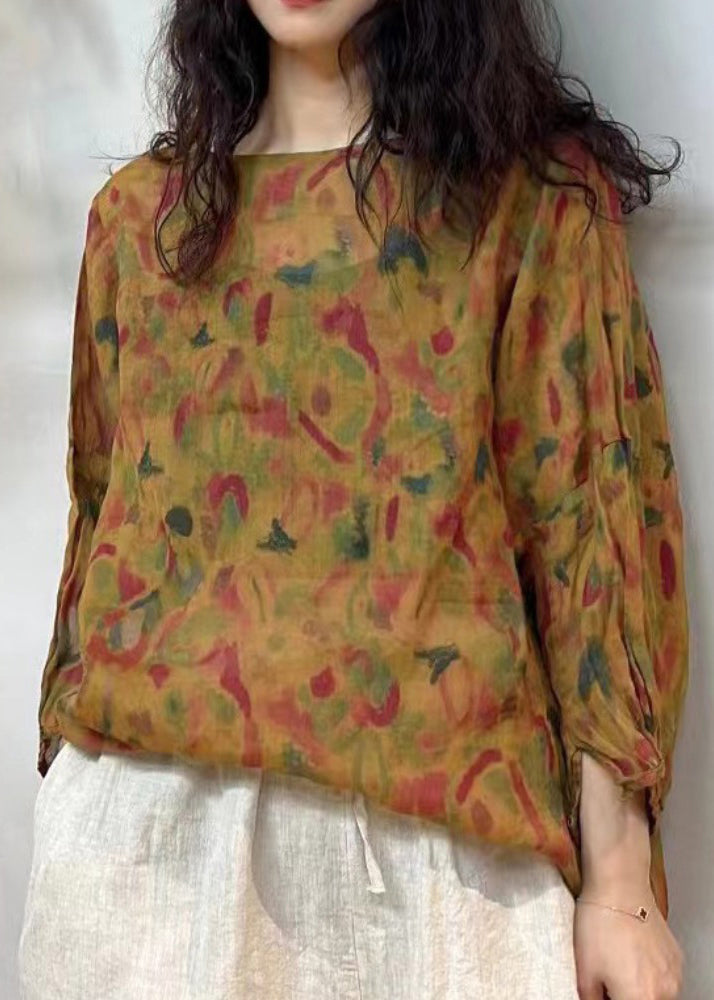 Loose Orange O-neck Print Linen T Shirt Spring