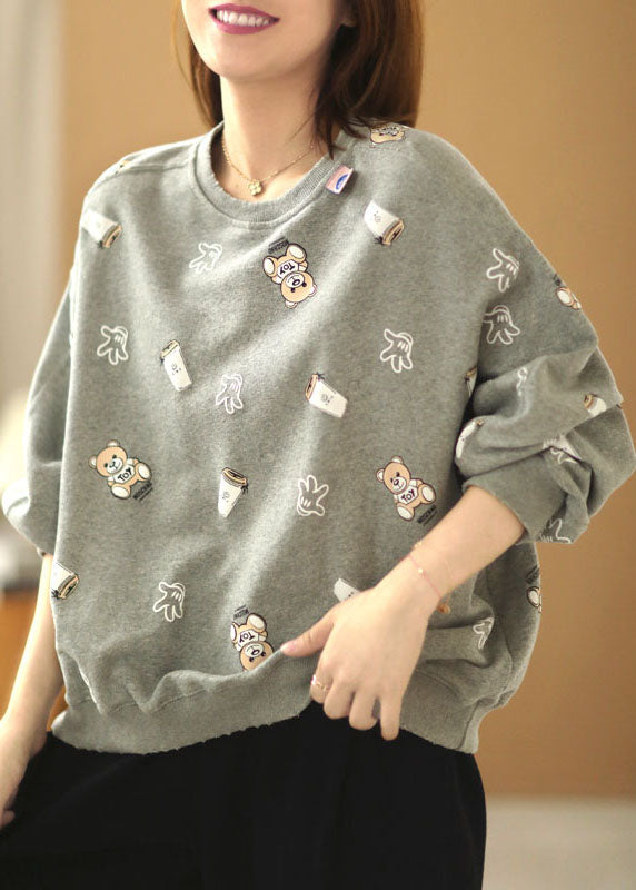 Grey Loose O-neck Print Fall Pullover Street Wear