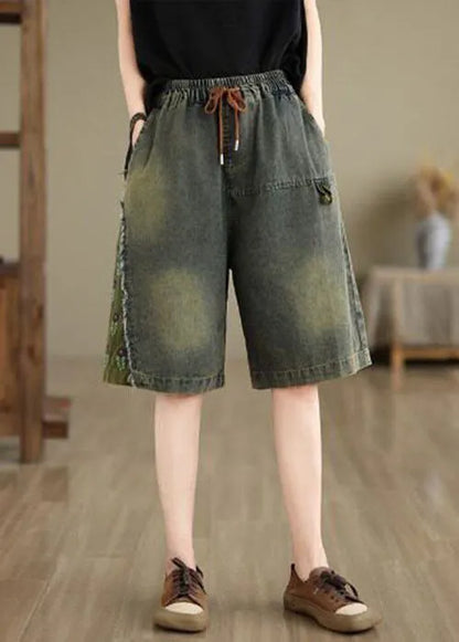 Summer Loose Embroidered Elastic Waist Denim Shorts