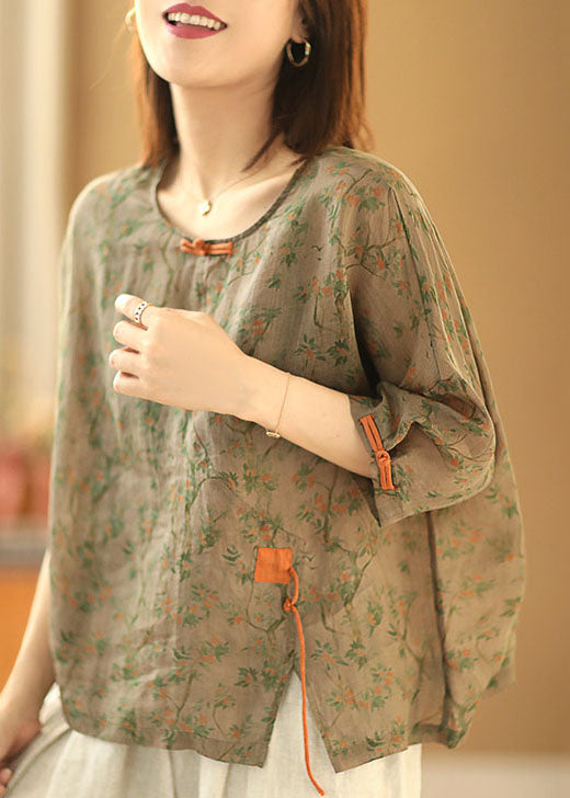 Grey Green O-neck Print Oriental Button Side Open Linen Shirt Top Short Sleeve