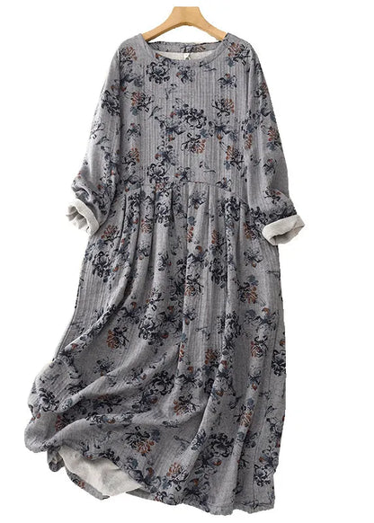 White Oversized Print Linen Maxi Dresses Spring