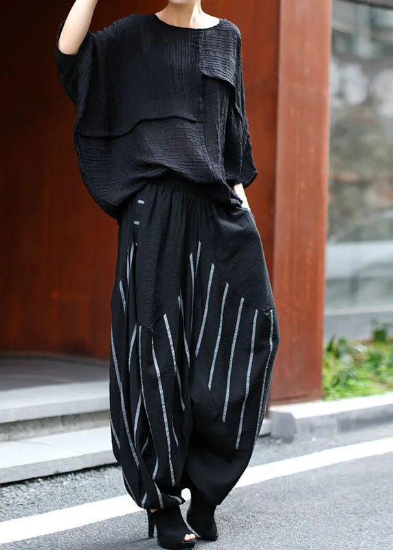 French Black O-neck Bat Wing Sleeve + Striped Patchwork Harem Pants Two Pieces Set Spring