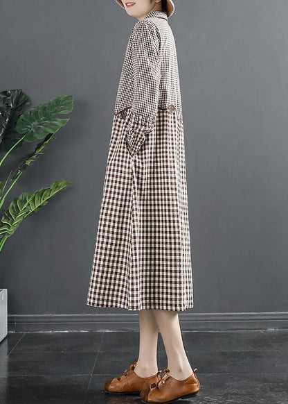 Natural Lapel Patchwork Wardrobes Work Outfits Brown Plaid Maxi Dresses