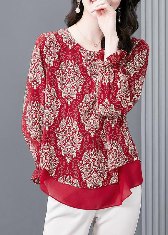 Red O Neck Print Patchwork Chiffon Blouses Flare Sleeve