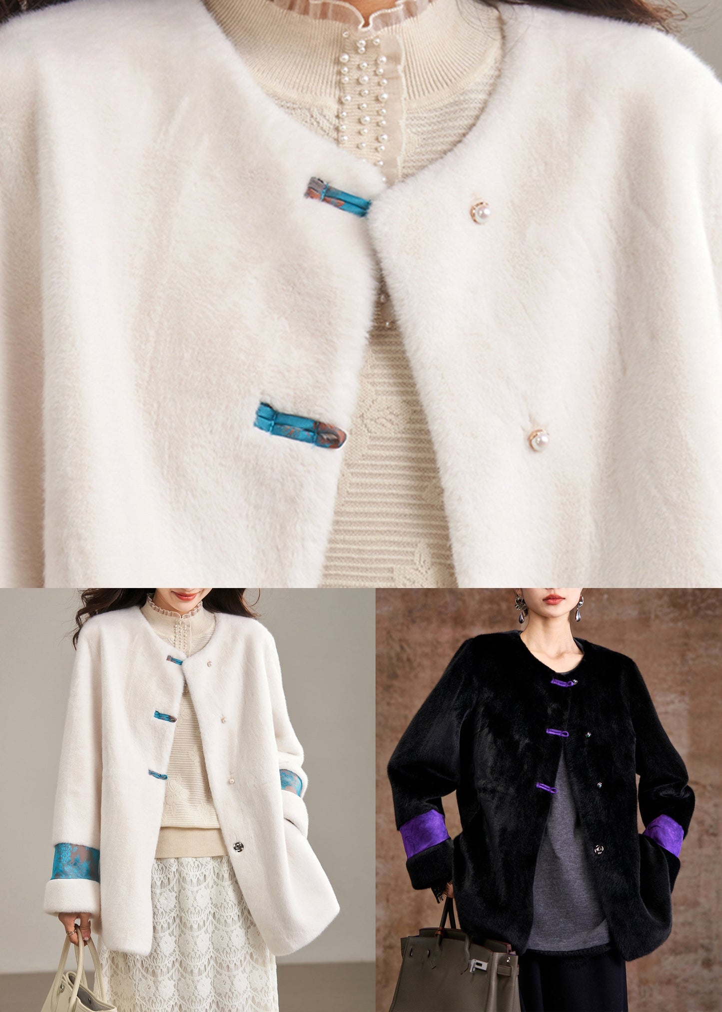 Black Pockets Print Leather and Fur Coat Winter