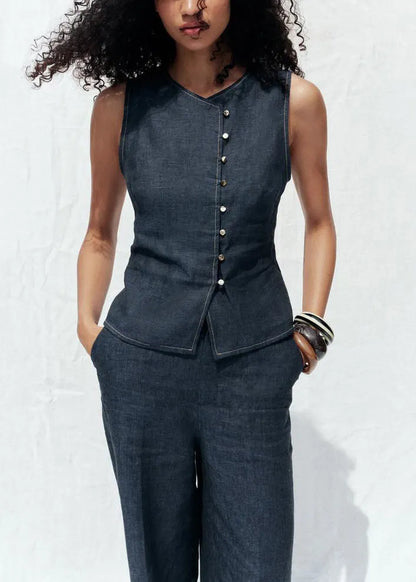 New Navy O Neck Button Tops and Crop Pants Denim Two Pieces Set Sleeveless