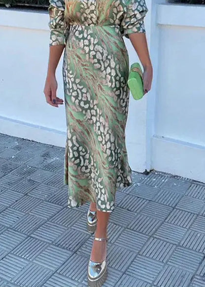 Loose Green Print Shirts and Skirts Two Pieces Set Spring