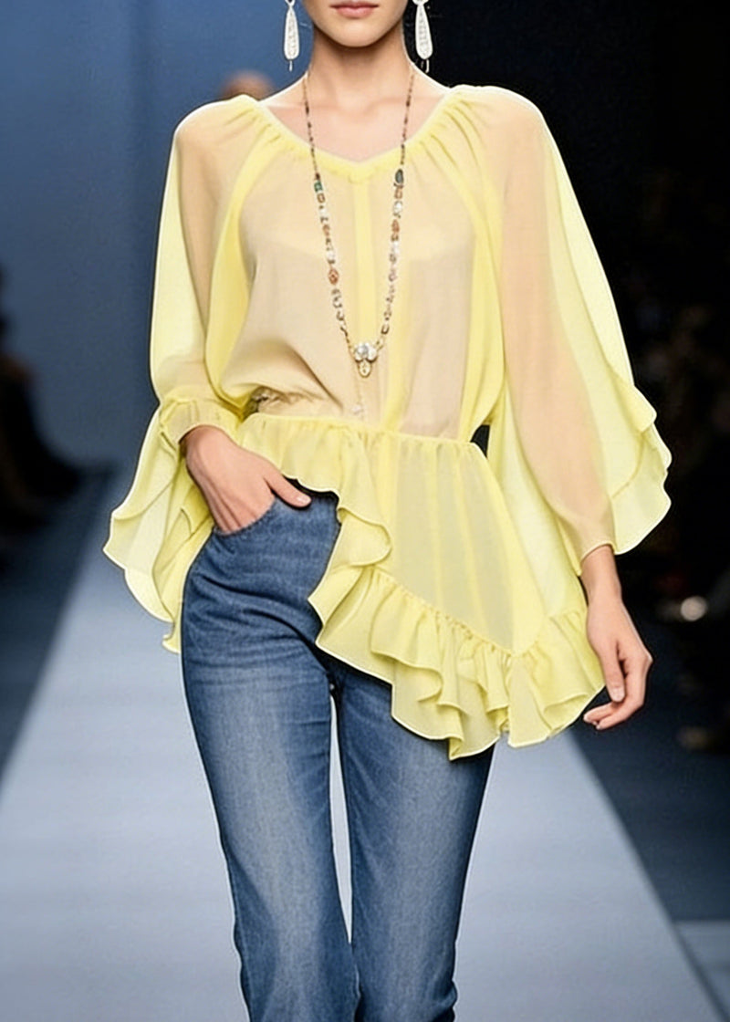 Art Yellow Asymmetrical Ruffled Chiffon Blouses Spring