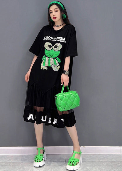 Black Patchwork Tulle Diamonds Cotton Sweatshirt Dress Short Sleeve