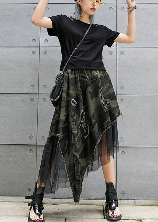 Italian Camouflage High Waist Denim Patchwork Tulle Asymmetrical Design Fall Skirts