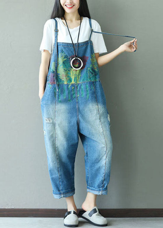 Classy Blue Print Hole Cowboy Jumpsuits Spring
